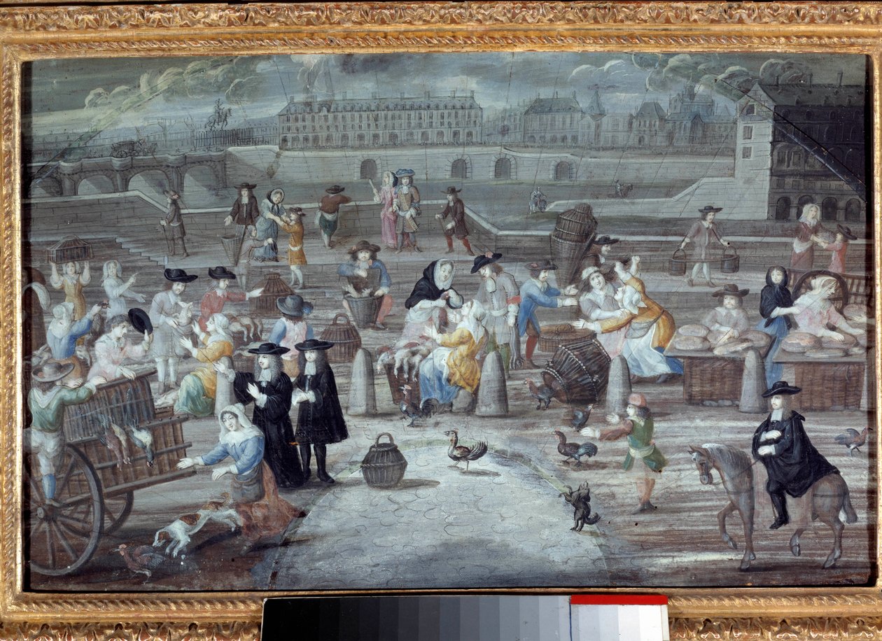 Mercado de aves y pan, muelle de los Grandes Agustinos en París en 1660. Pintura anónima francesa de French School