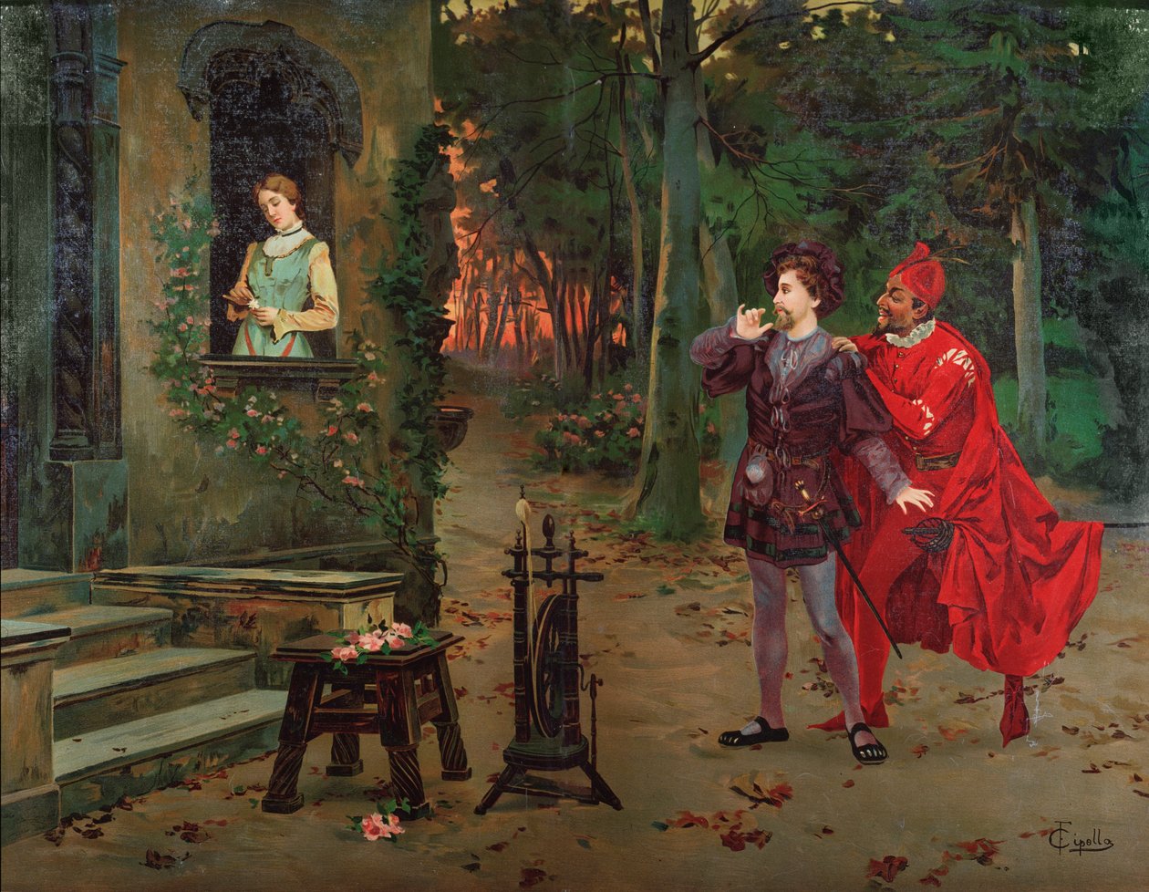 Marguerite, Fausto y Mefistófeles Escena de Fausto por Charles Gounod (1818-1893). circa 1900. de French School
