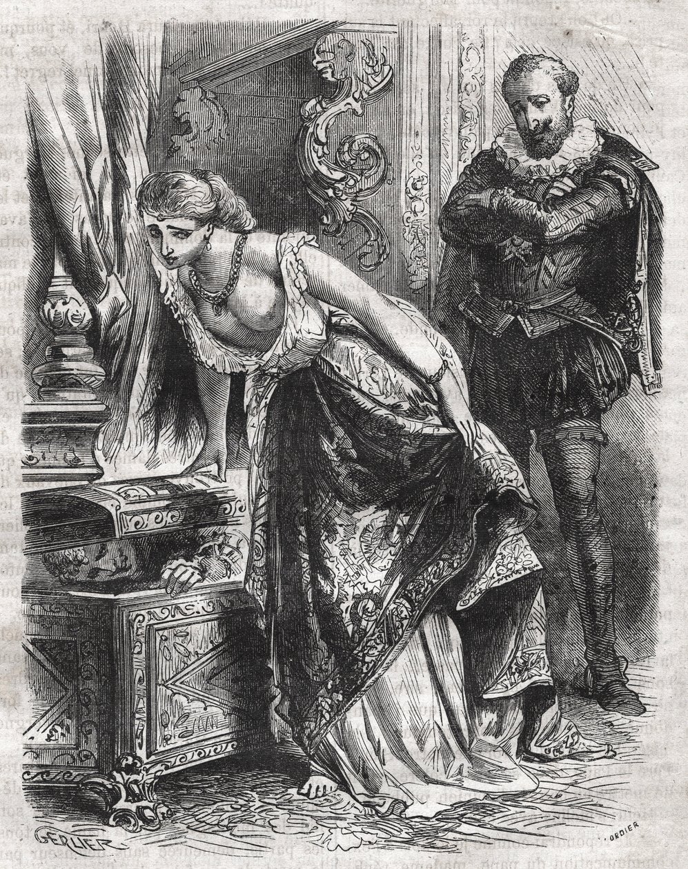 Margarita de Valois (1553-1615), conocida como Reina Margot, esconde a Julien de Leris, su amante, en una caja fuerte. Su esposo, el Rey Enrique IV de Francia (1553-1610), observa la escena con diversión. Siglo XVI. Grabado de 1871 en “Histoire Des Cocuses de French School