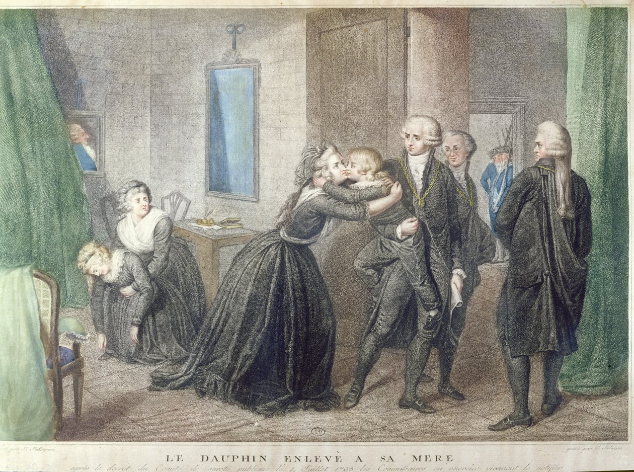 María Antonieta (1755-1793) se despide de su hijo el Delfín, Luis Carlos de Borbón (1785-1795) en el Templo, 3 de julio de 1793 (grabado en color) de French School