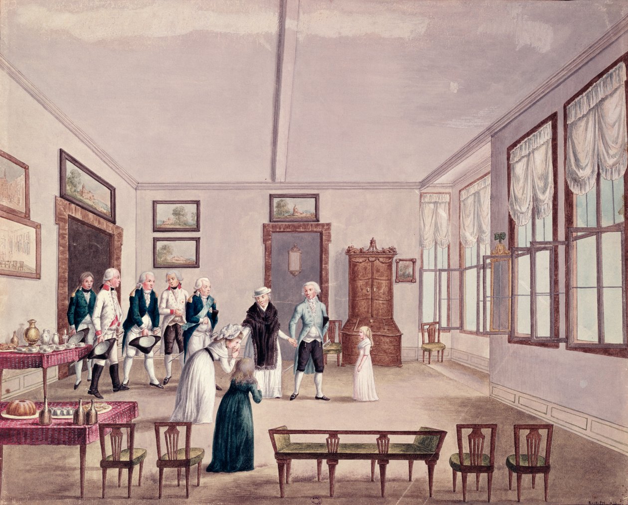 Marie-Thérèse-Charlotte de Bourbon, Madame Royale, se encuentra con sus primos el emperador Francisco II de Austria y su esposa María Teresa en Viena tras su liberación en 1795 de la prisión en París, c.1796 de French School