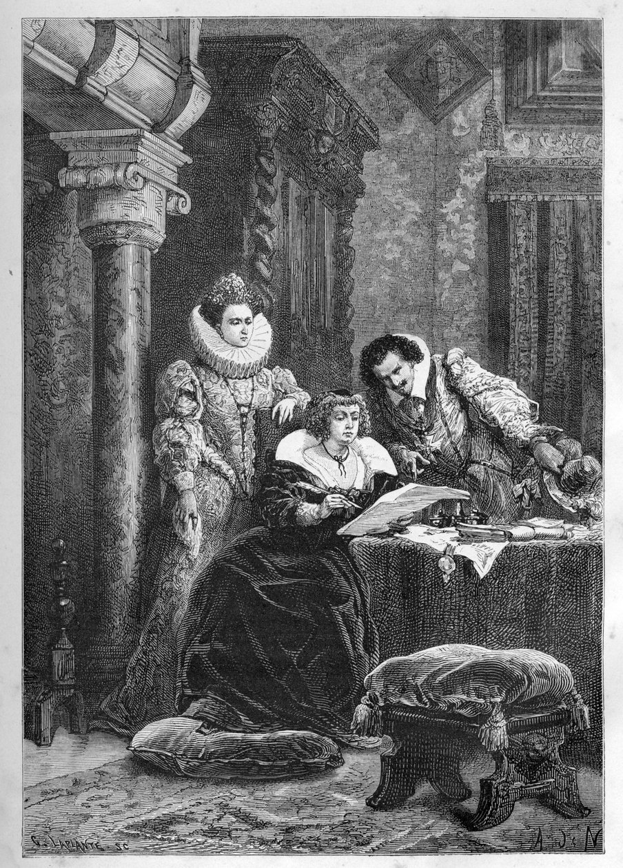 María de Médici con sus amigos e influyentes italianos y confidentes Leonora Dori conocida como Galigai (1571-1617) y su esposo Concino Concini (circa 1575-1617) de French School