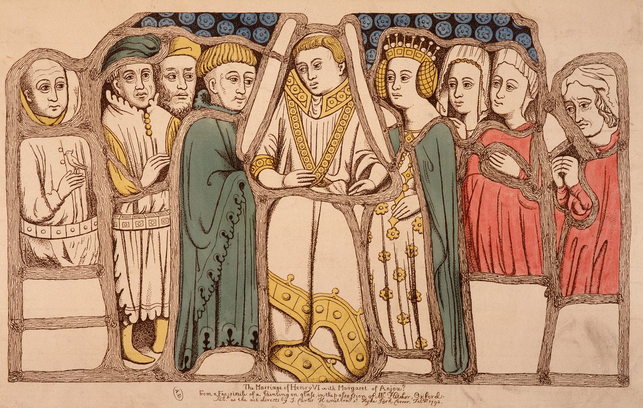 Matrimonio de Enrique VI de Inglaterra (1421 - 1471) y Margarita de Anjou (1429 - 1482) en 1445. Grabado de 1793. Bibl. de Artes Decorativas en París. de French School