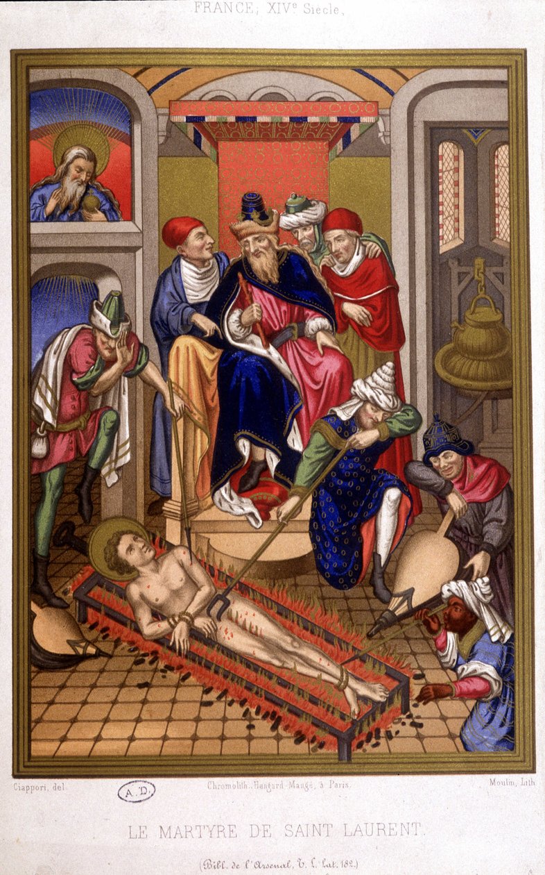 Martirio de San Lorenzo (parrilla) según una miniatura de la Edad Media, Francia siglo XIV de French School