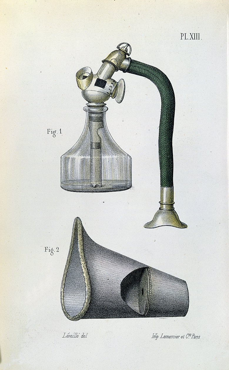 Máscara para administrar éter para anestesiar a un paciente, de un manual médico por Jean-Baptiste-Leon Dubreuil de French School