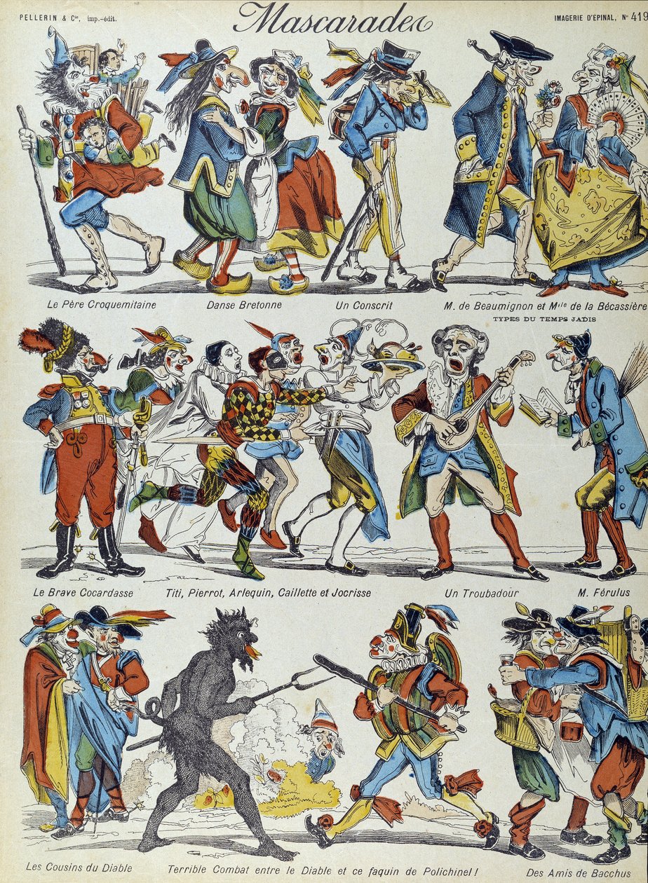 Mascarada: personajes caricaturescos enmascarados - Imagen de Epinal de French School