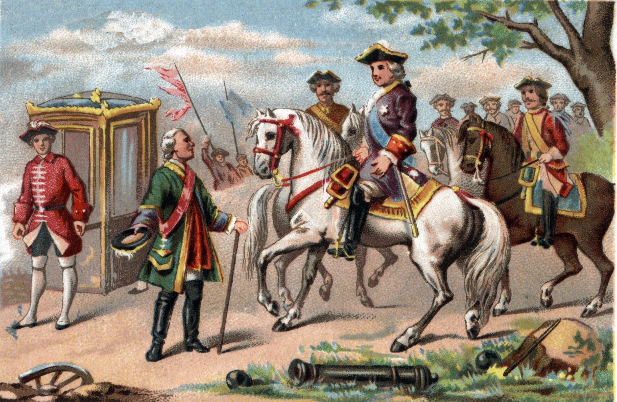 Mauricio de Sajonia, mariscal de Sajonia (1696-1750), victorioso en la batalla de Fontenoy, se reunió con Luis XV de Francia (1710-1774). Cromolitografía alrededor de 1890. de French School