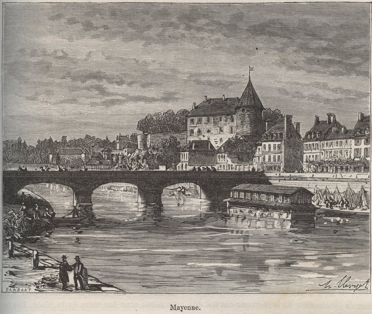 Mayenne es una comuna en el oeste de Francia en la región de Países del Loira - grabado en “La France illustree: geographie, histoire, administración statistique” por V.-A. Malt-Brown. 1884 de French School