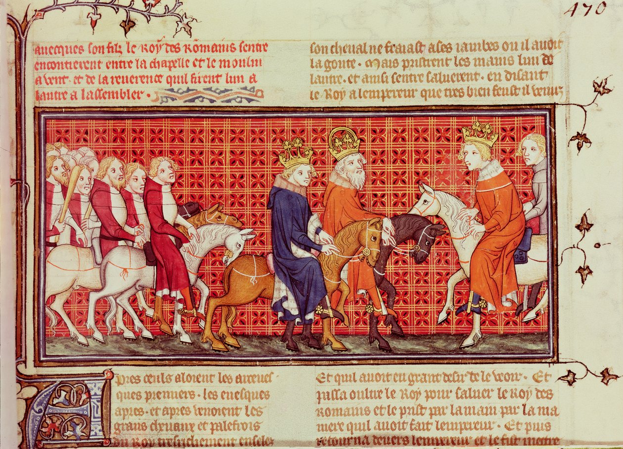 Encuentro entre Carlos V (1338-80) de Francia y el emperador del Sacro Imperio Romano Germánico Carlos IV (1316-78) acompañado por el rey de los romanos, de Grandes Crónicas de Francia de French School