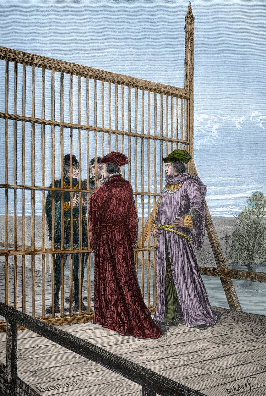 Encuentro del Rey Eduardo IV y Luis XI de Francia en Pecquigny - Tratado de Picquigny (departamento del Somme) el 29 de agosto de 1475 entre Luis XI y Eduardo IV que pone fin a la Guerra de los Cien Años - grabado en 
