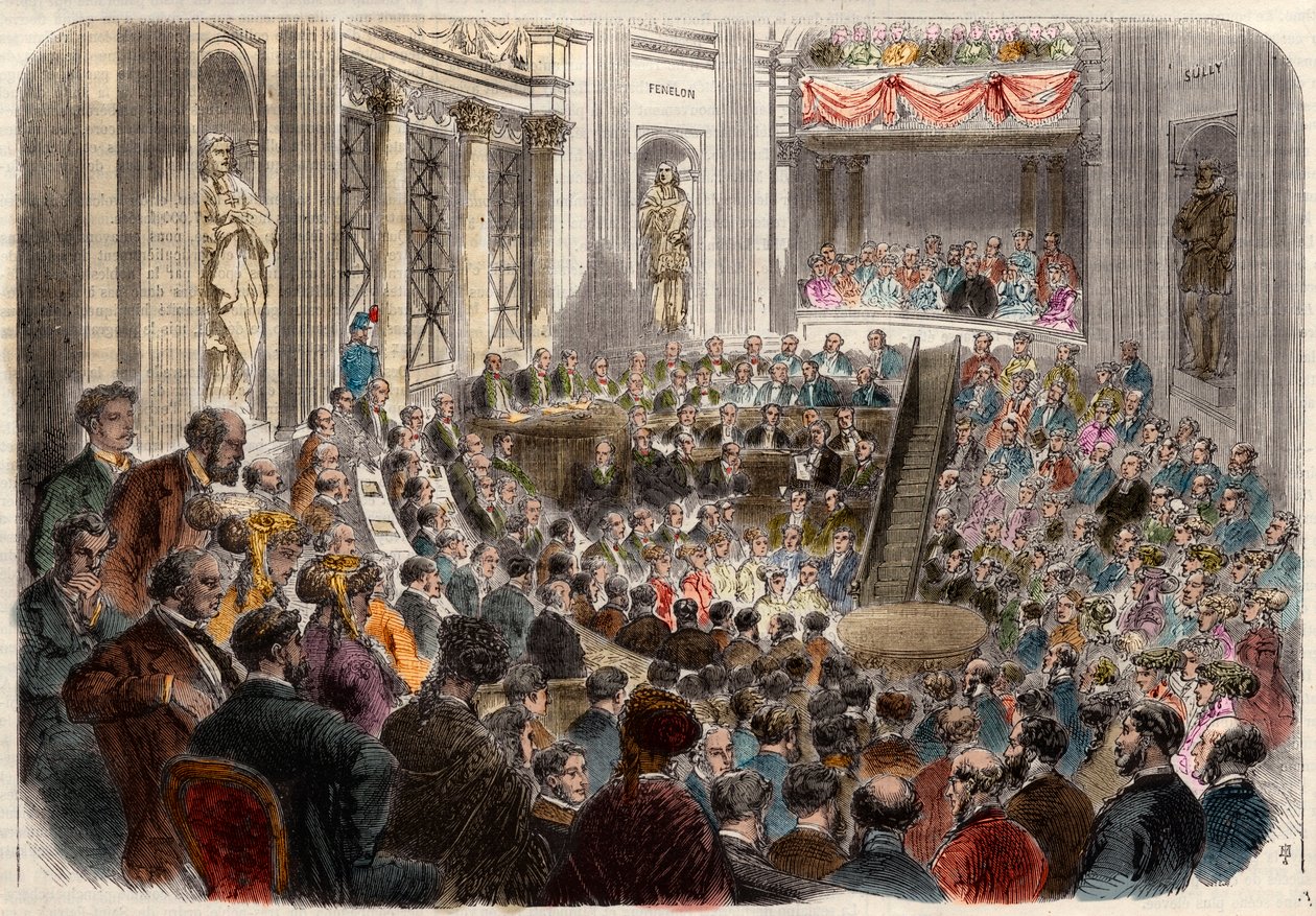 Reunión de la Academia Francesa el 23 de abril de 1868. Recepción de Monsieur Jules Favre (1809-1880), político francés. Grabado en “L