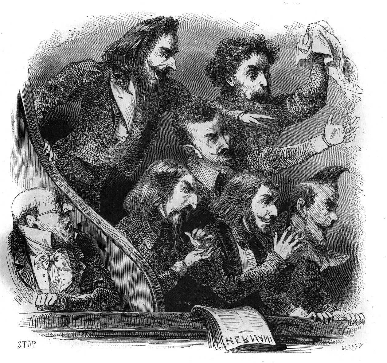 Miembros del movimiento literario romántico asistiendo a la primera representación de la obra de Victor Hugo “Hernani” (1802-1885) en la Comédie-Française en París, 25 de febrero de French School