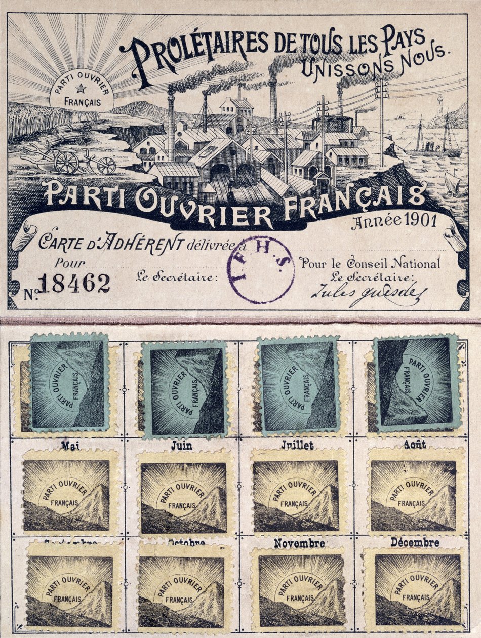 Tarjeta de membresía del Partido Obrero Francés durante el liderazgo de Jules Guesde (1845-1922) 1901 de French School