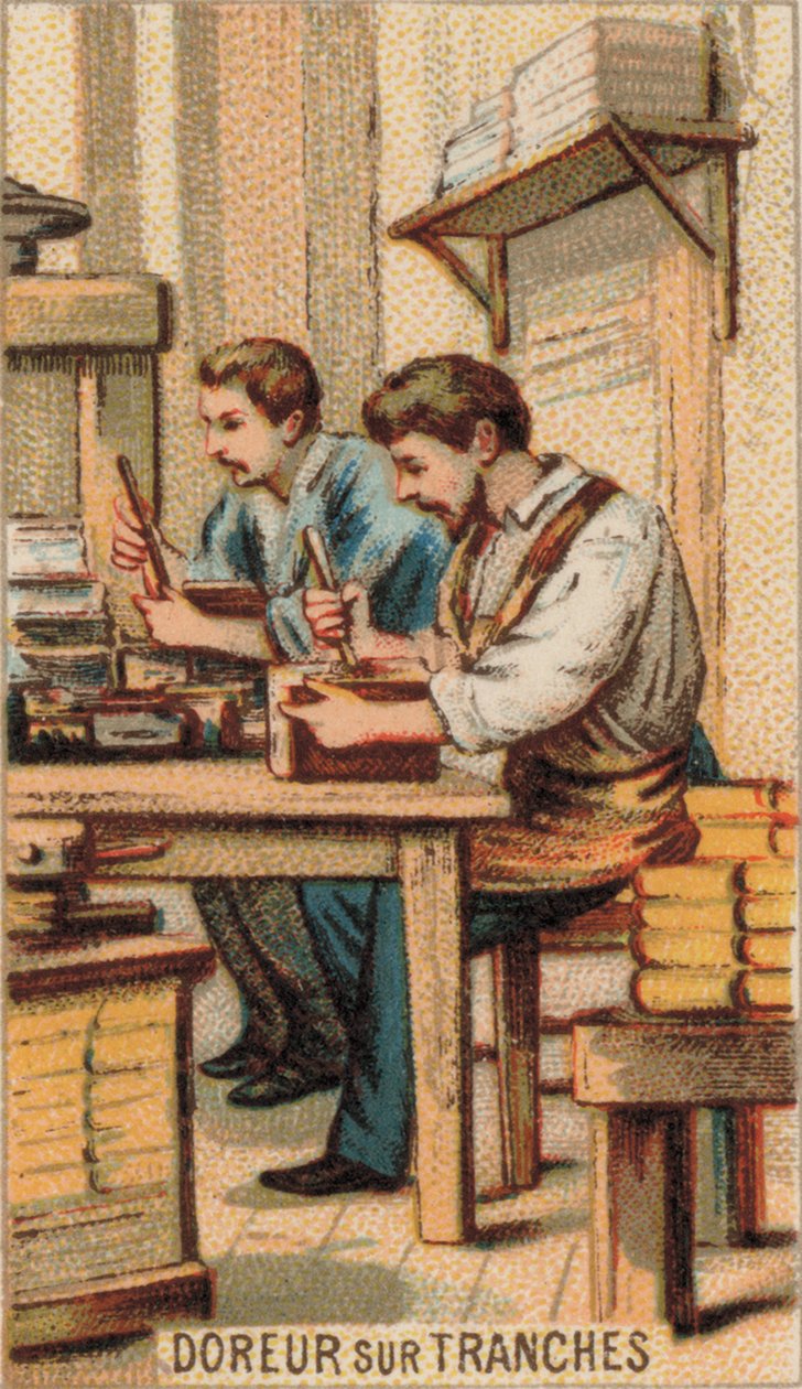 Hombres dorando libros con oro (cromolito) de French School
