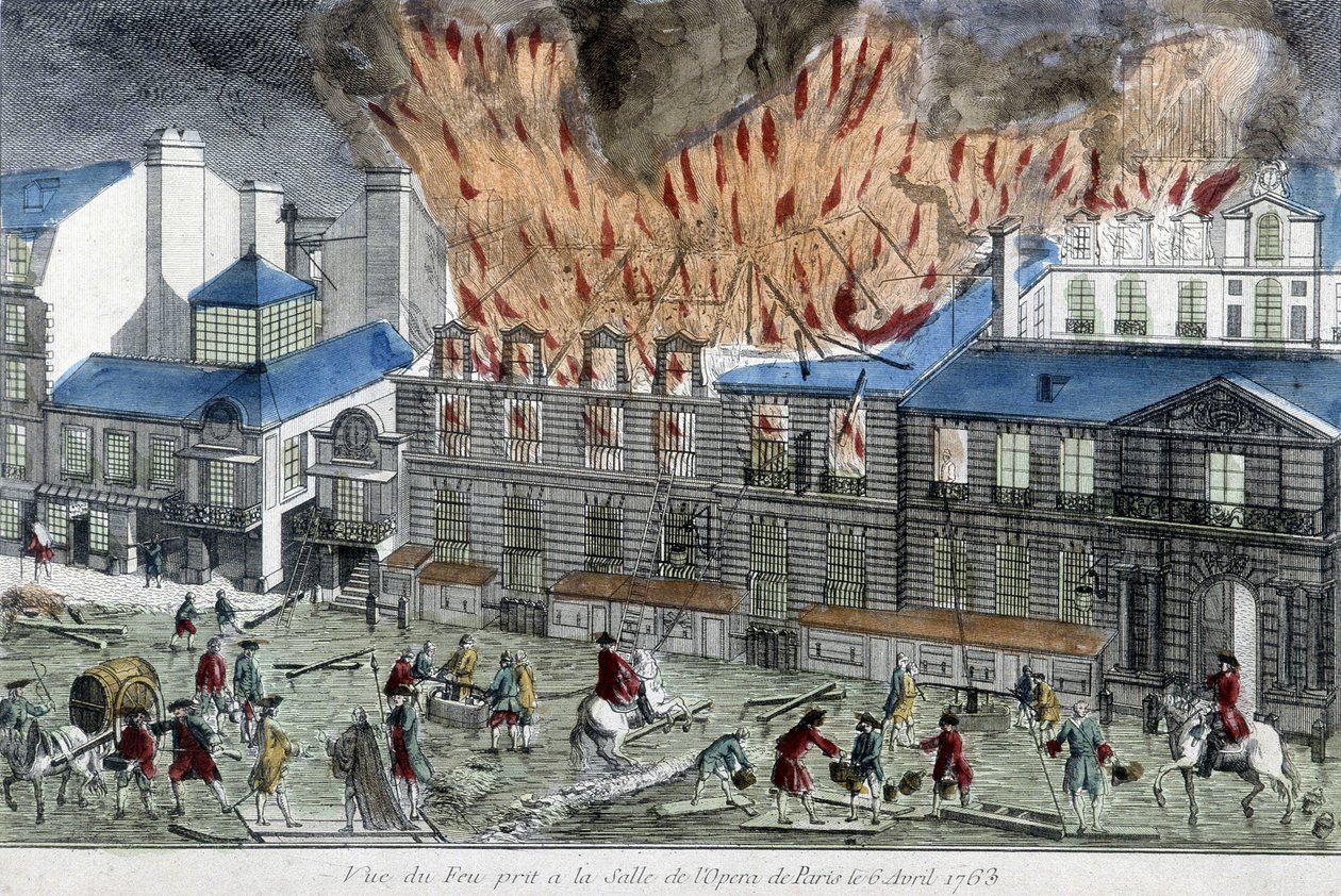 Hombres intentando apagar el fuego de la ópera de París en 1763. de French School