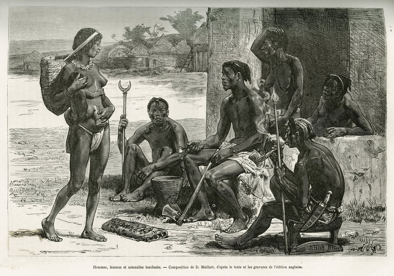 Hombres, mujeres y utensilios (región de Bihe, Ruanda). Grabado de D.Maillart, para ilustrar el relato Cómo crucé África, del Océano Atlántico al Océano Índico, del comandante Serpa Pinto, en 1877-1878, publicado en el Tour du monde, bajo la dirección de E de French School