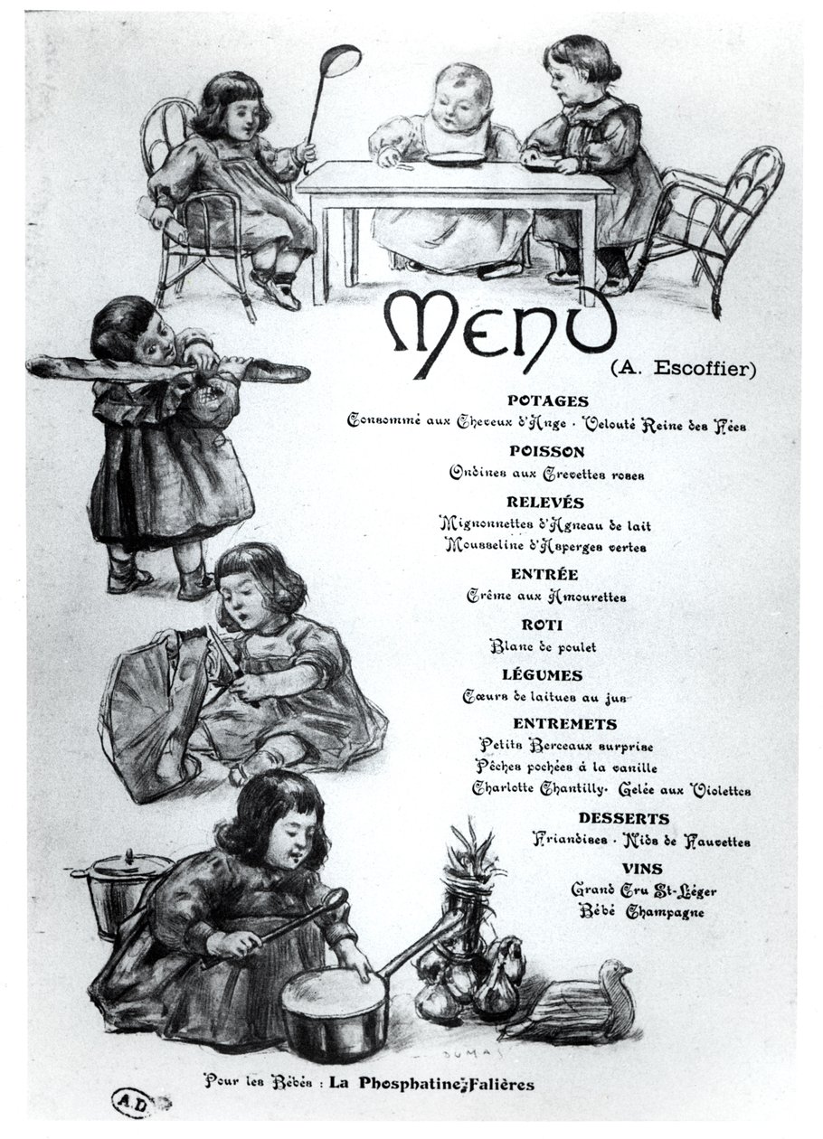 Menú creado por Auguste Escoffier para Niños y Bebés, c. 1900 de French School