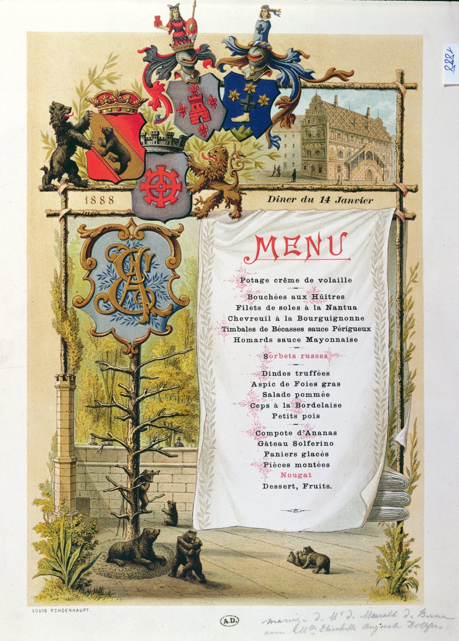 Menú, posiblemente de Le Bernois, 14 de enero de 1888 de French School