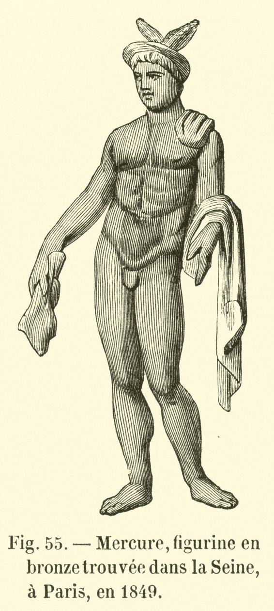 Mercurio, estatuilla de bronce hallada en el Sena de París en 1849 (grabado) de French School