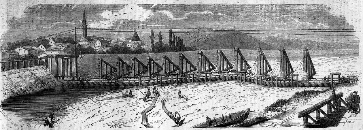Fenómeno meteorológico: desecación del Rin en 1858. Vista del Puente de Kehl (Alemania), tomada río abajo de la costa francesa. Grabado en "Le Monde Illustré" n°50 del 27 de marzo de 1858. de French School