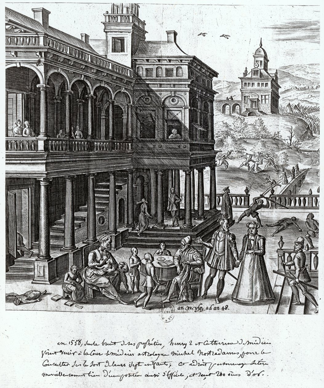 Michel de Nostradame (1503-66) siendo consultado sobre el destino de los siete hijos de Catalina de Médici (1519-89) y Enrique II (1519-59) 1548 de French School