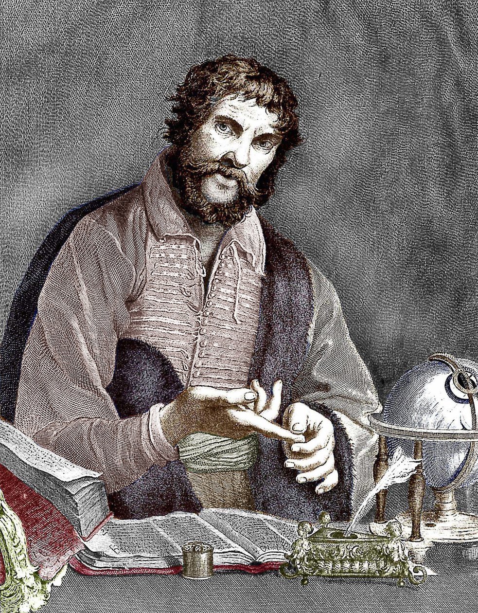 Michel de Nostredame, alias Nostradamus (1503-1566) astrólogo y médico francés, grabado, documento coloreado de French School