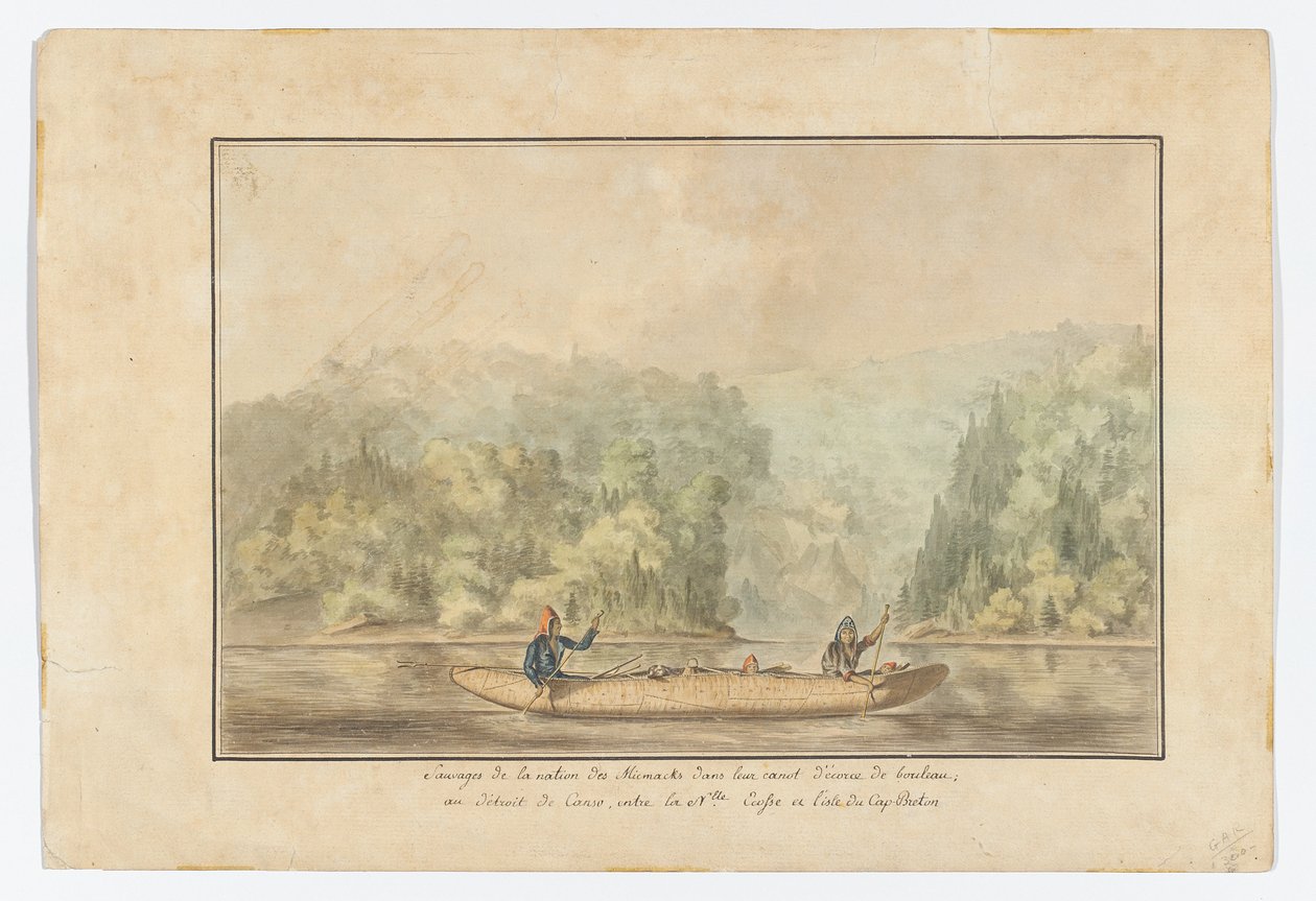 Micmacs en su canoa de corteza de abedul; Estrecho de Canso entre Nueva Escocia y la isla de Cabo Bretón de French School