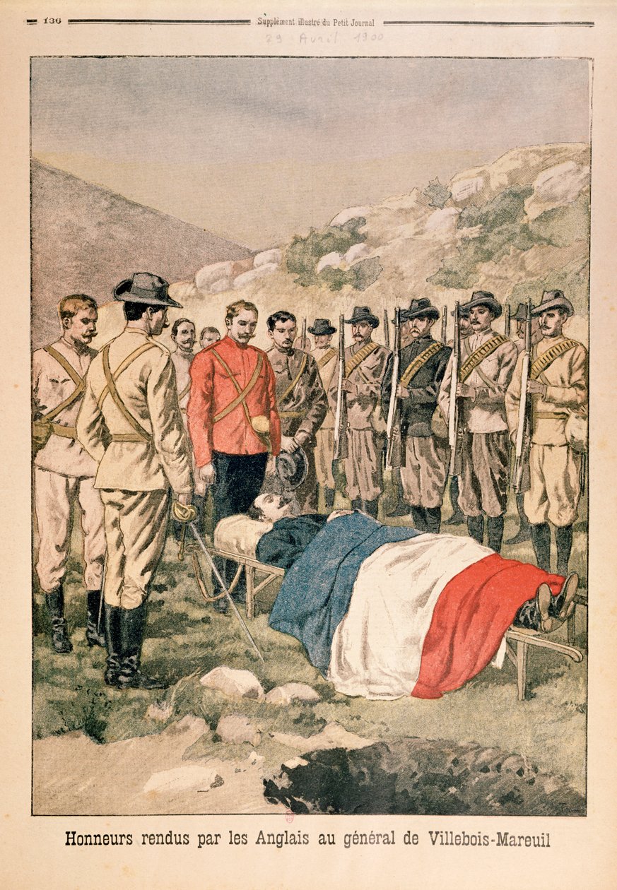 Honores militares rendidos al General Georges de Villebois-Mareuil (1847-1900) por los británicos en el cementerio de Boshof, ilustración de Le Petit Journal, 29 de abril de 1900 de French School