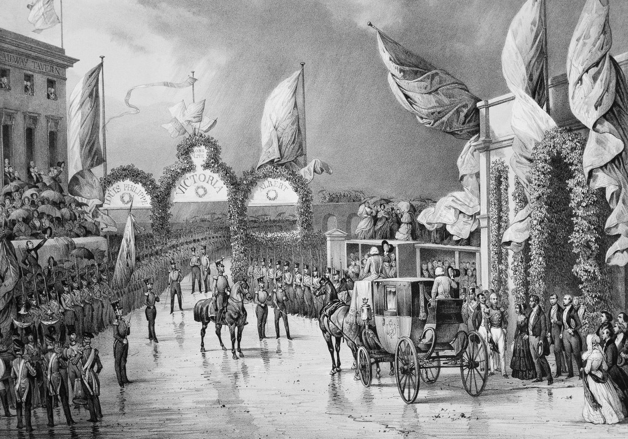 Honores militares al Rey en Gosport - Luis Felipe I (1773-1850), Rey de los Franceses, Príncipe Alberto (1819-1861) y Victoria (1819-1901), Reina de Inglaterra en la estación de Gosport durante el viaje oficial de Luis Felipe a Gran Bretaña (1844) de French School