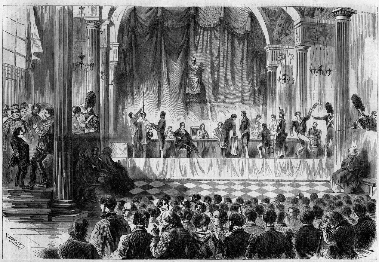 Reclutamiento militar: sorteo de conscriptos de 1858, en la sala Saint Jean del Ayuntamiento de París. Grabado en “Le Monde Illustré” n°44 del 13 de febrero de 1858. de French School