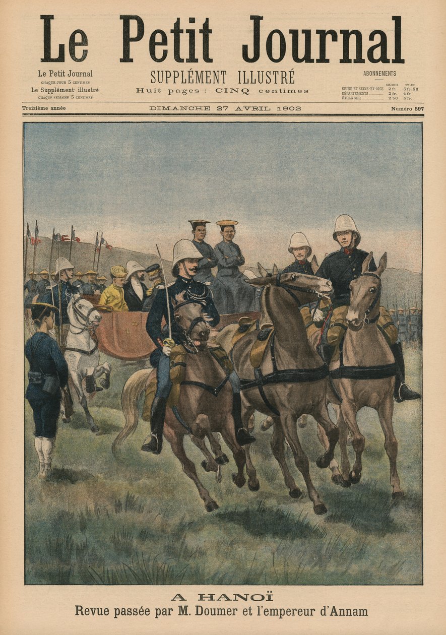 Revisión militar por Paul Doumer, Gobernador General de la Indochina Francesa, y el Emperador de Annam, Thanh Thai, en Hanoi, ilustración de portada de Le Petit Journal, Suplemento Ilustrado, 27 de abril de 1902 de French School