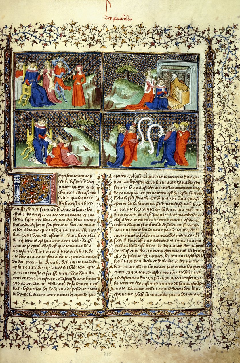Miniatura que ilustra el Juicio de las Madres, la Llegada de la Reina de Saba, Salomón Enseñando y la Disputa de los Doctores, c.1410 de French School