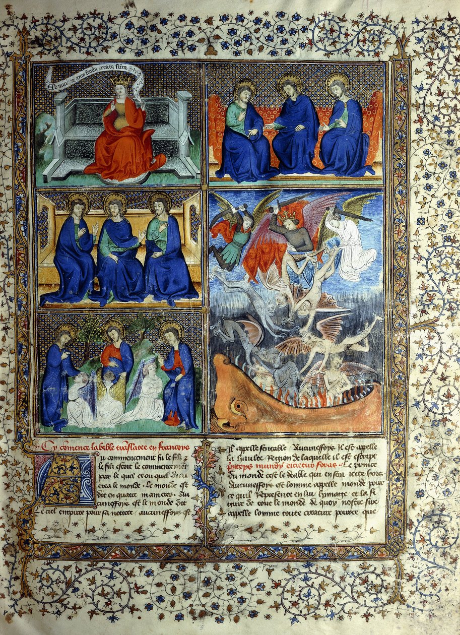 Miniatura que representa el Reino de los Cielos antes de la creación: Sapientia, la Trinidad y la Expulsión de Lucifer del Cielo, c.1410 de French School