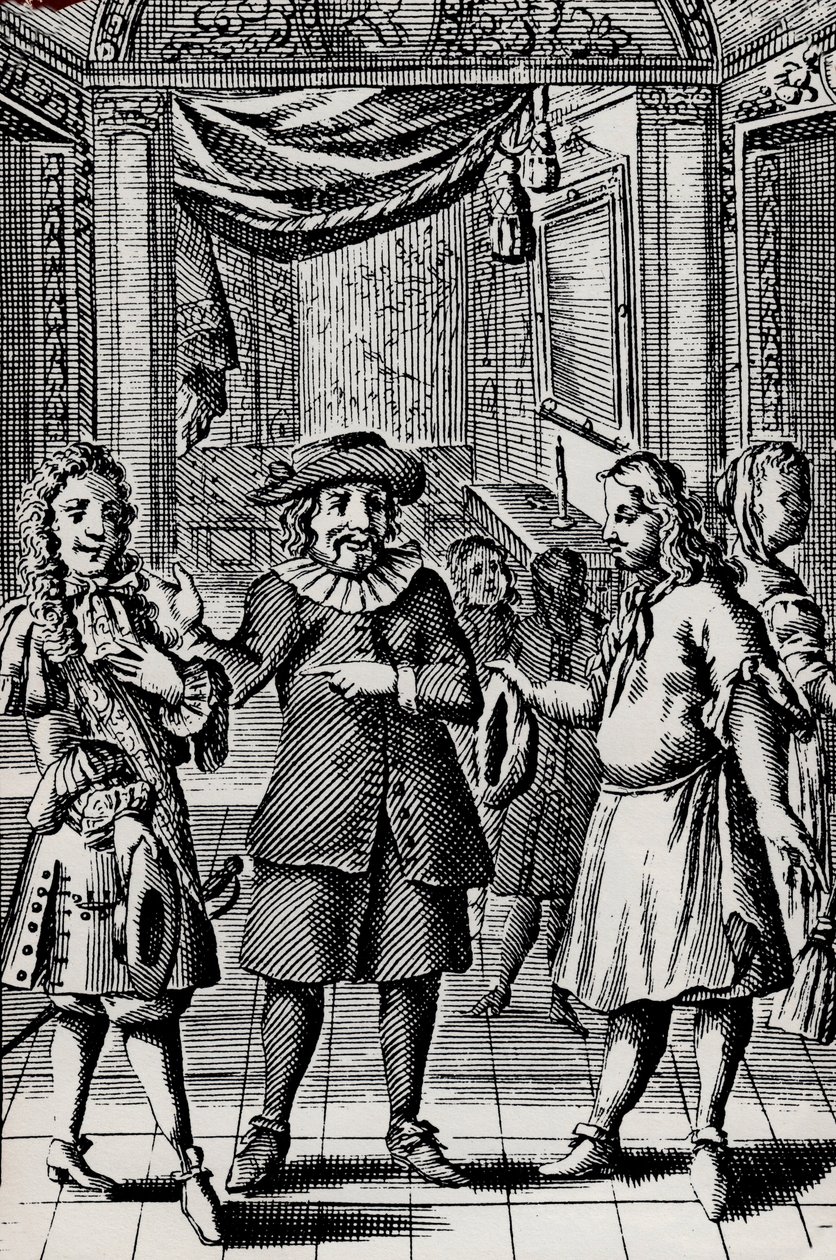 El avaro, grabado de la obra de Molière, seudónimo de Jean-Baptiste Poquelin (1622-1673) - Escena de la obra L