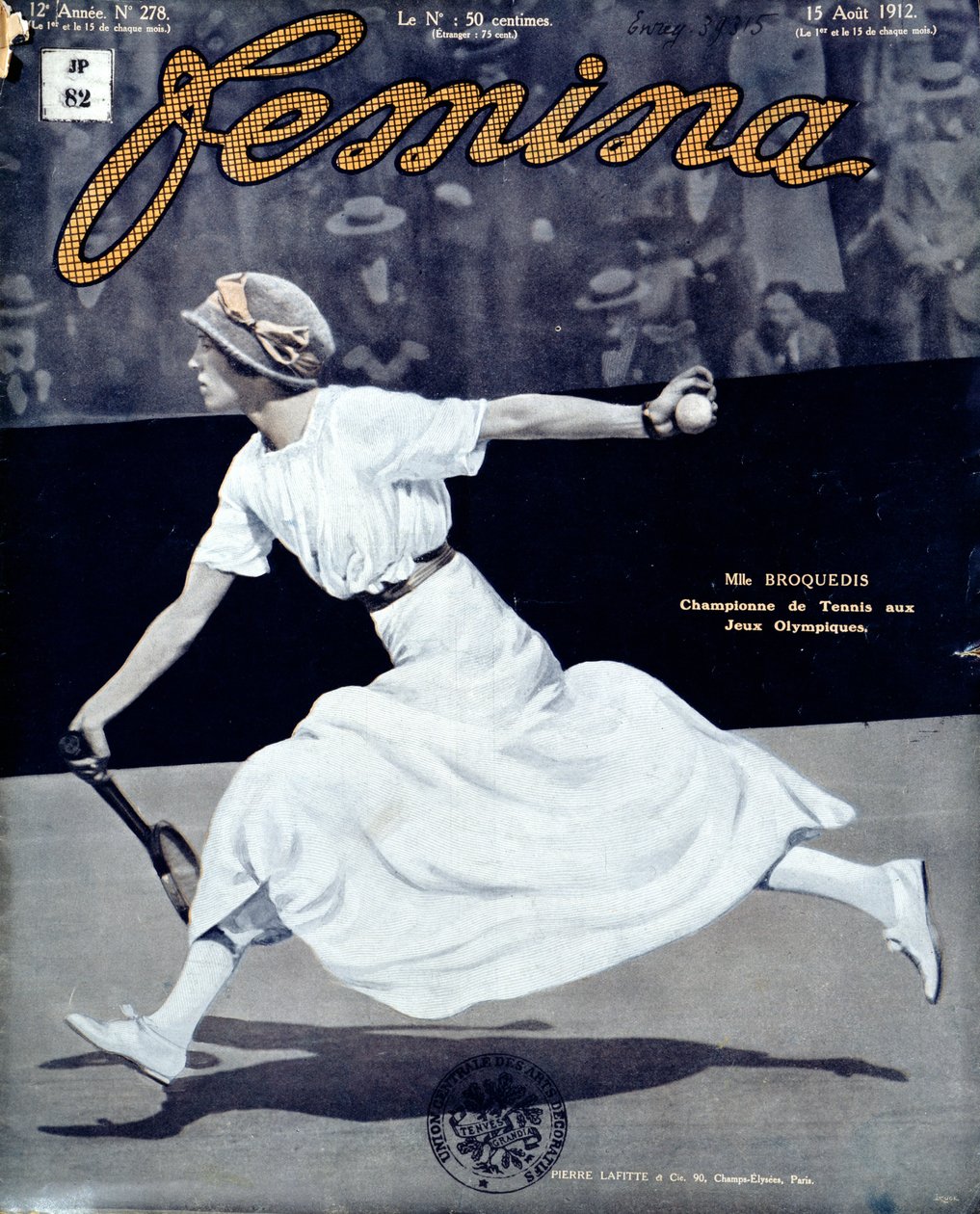 Miss Broquedis, campeona olímpica de tenis, portada de Femina, número 278, 15 de agosto de 1912 (foto coloreada) de French School