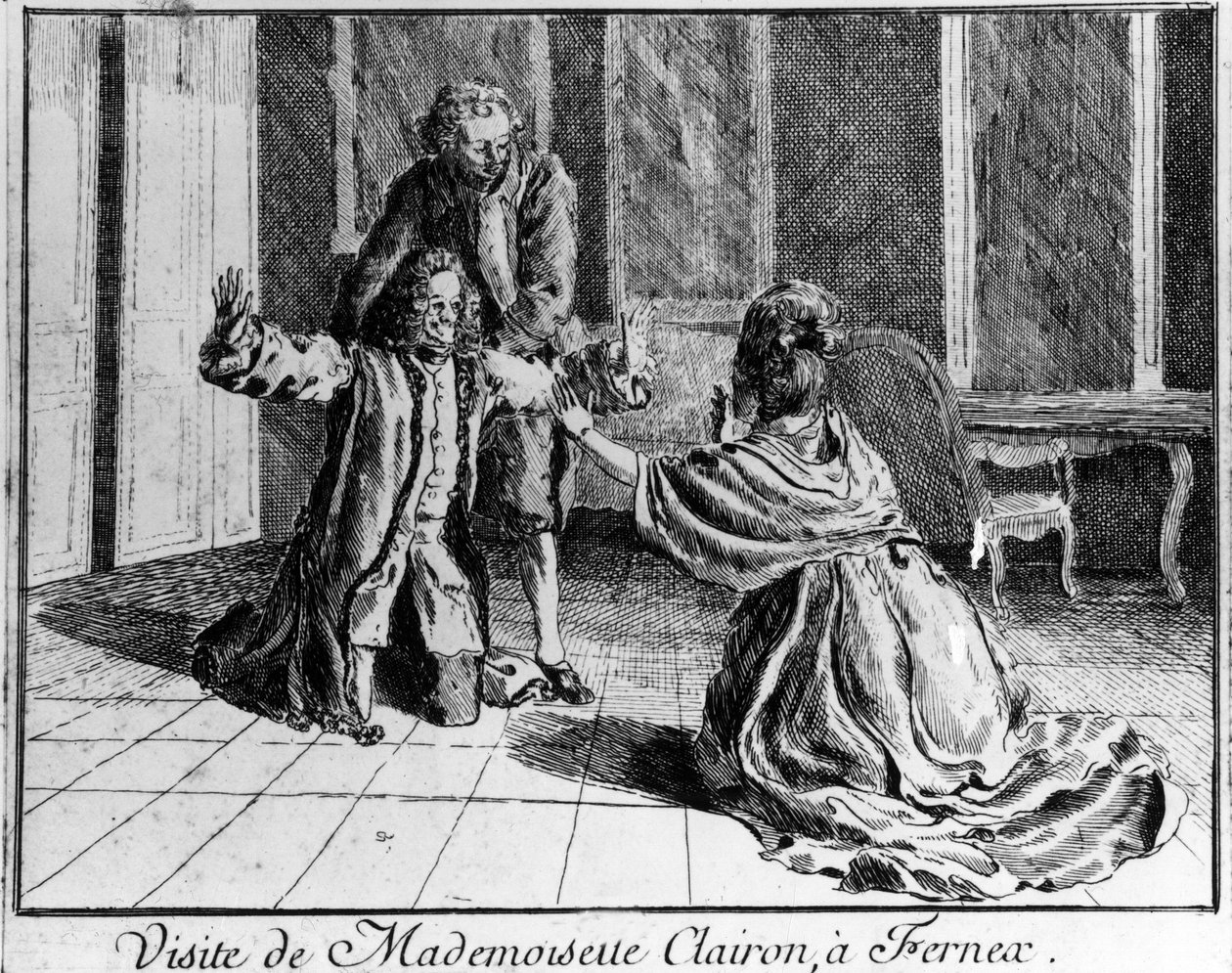 Señorita Clairon (Mademoiselle Clairon Josephe Leris de La Tude, conocida como Mademoiselle Clairon) (1723-1803) actriz francesa, visitó Ferney a Voltaire. Grabado del siglo XVIII de French School