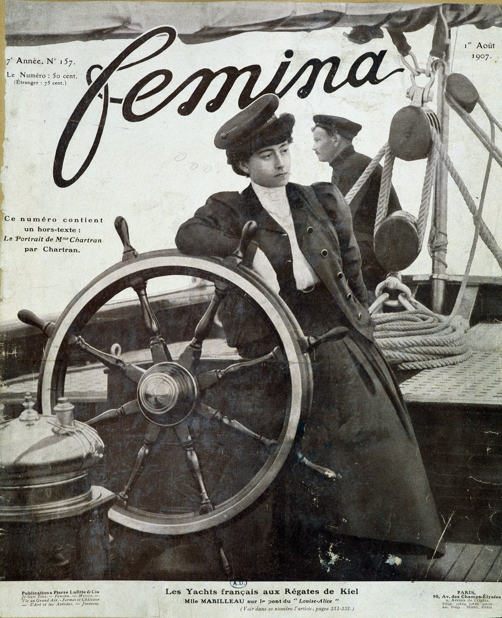 Señorita Mabilleau en el puente del yate “Louise-Alice” en la regata de Kiel - en “Femina” del 01/08/1907 de French School