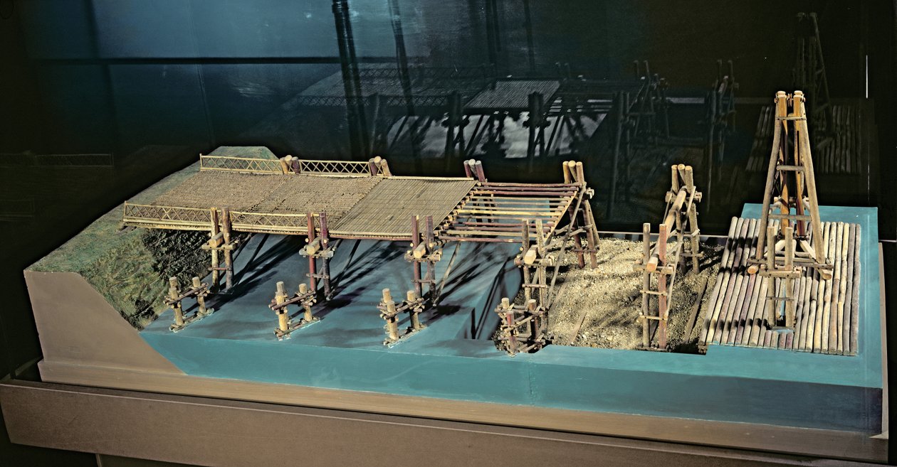Modelo de un puente sobre el Rin construido por Julio César (101-44 a.C.) en 55 a.C. de French School