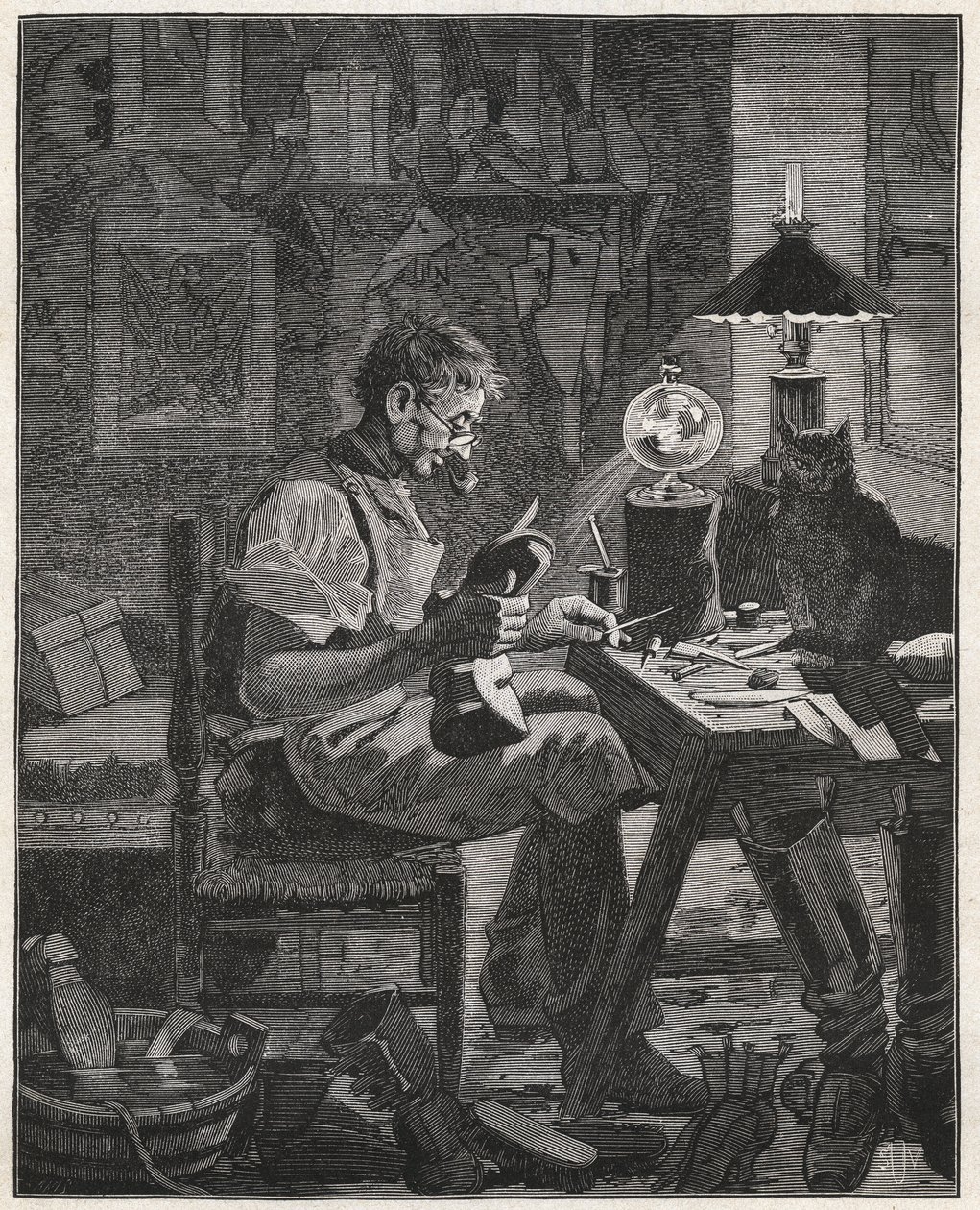 Aplicación moderna por un zapatero de la Pila Vitrea. Globo de vidrio lleno de agua para ser colocado entre una persona y el objeto que contemplan para agrandarlo y hacerlo más visible. Grabado de 1885 en "Les arts et metiers illustres" por A de French School