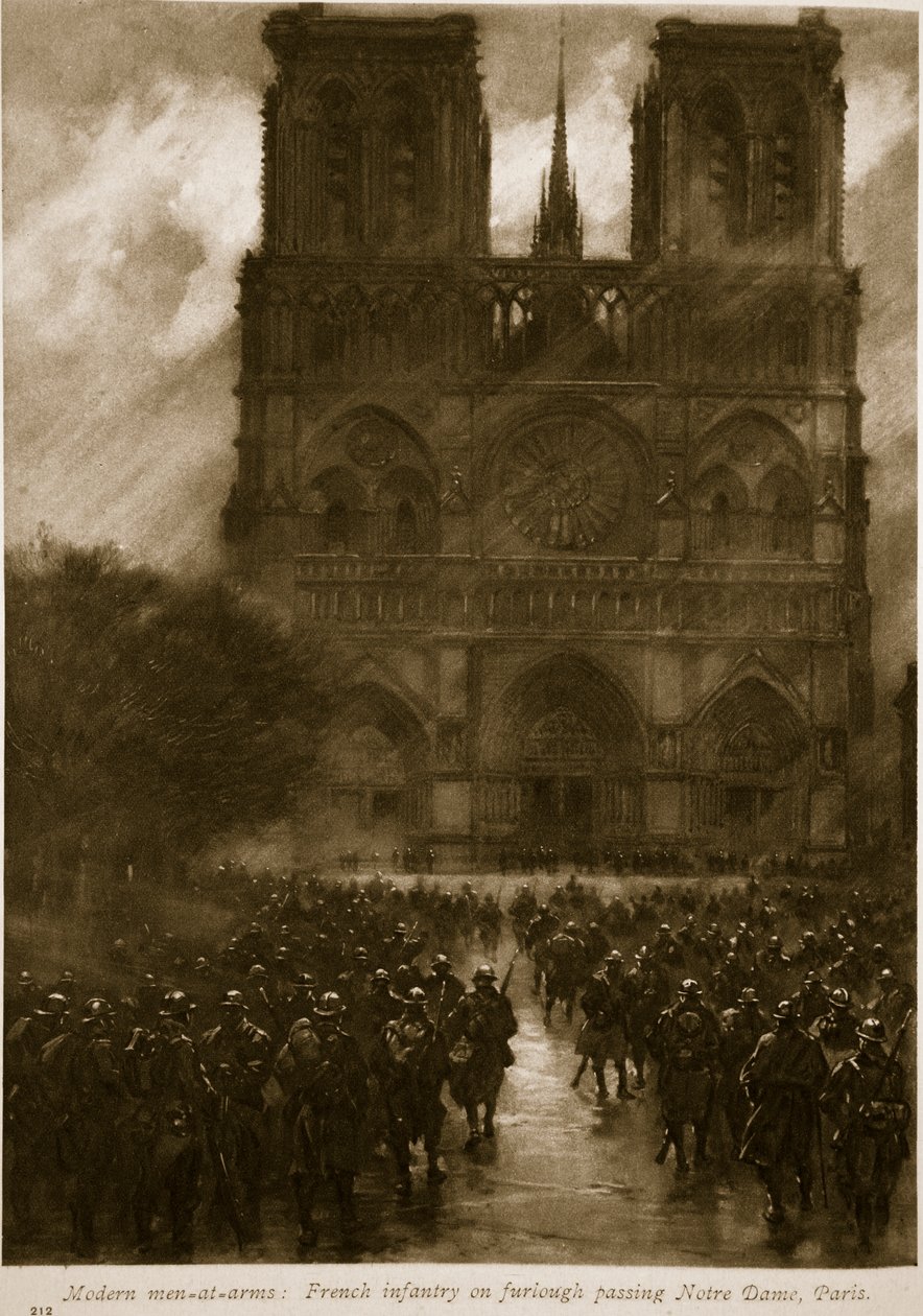 Hombres de armas modernos: Infantería francesa de permiso pasando por Notre Dame, París, 1914-19 de French School