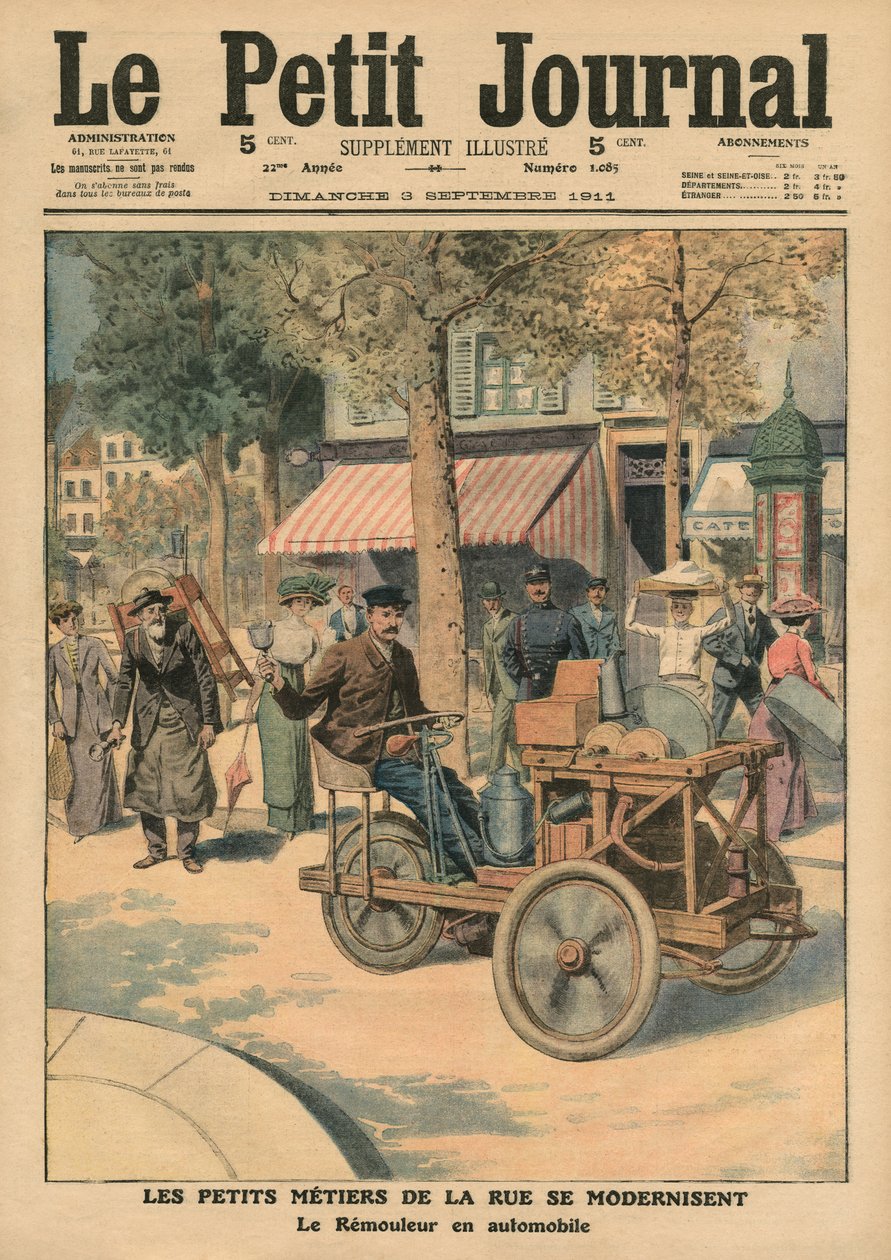 Modernización de los trabajos callejeros, el afilador en su coche, ilustración de 