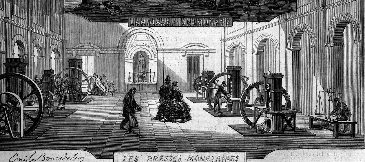 Fabricación de dinero: taller de prensas de dinero. Grabado en “Le Monde Illustré” n°145 del 21 de enero de 1860. de French School
