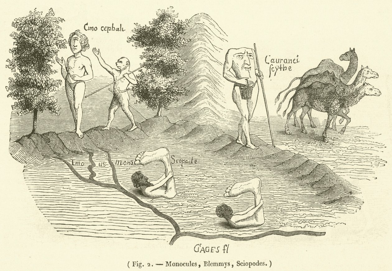 Monocules, Blemmys, Sciopodes (grabado) de French School