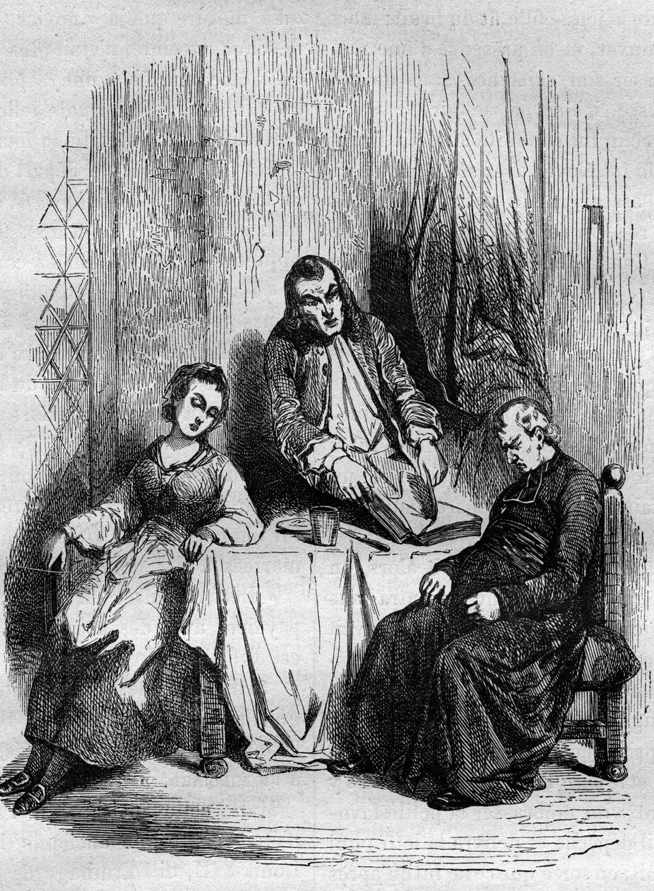 Monsieur De Breteuil, intendente de Limousin, controla los registros parroquiales mantenidos por Dubois, párroco y futuro cardenal. Grabado en 