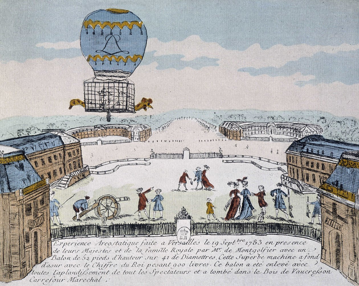 Primer vuelo del aerostato habitado por animales de Montgolfier organizado en Versalles, 19 de septiembre de French School