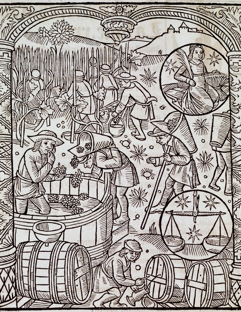 Mes de la cosecha, con signos del zodiaco Virgo y Libra, grabado de Le grand calendrier des bergers, Francia de French School