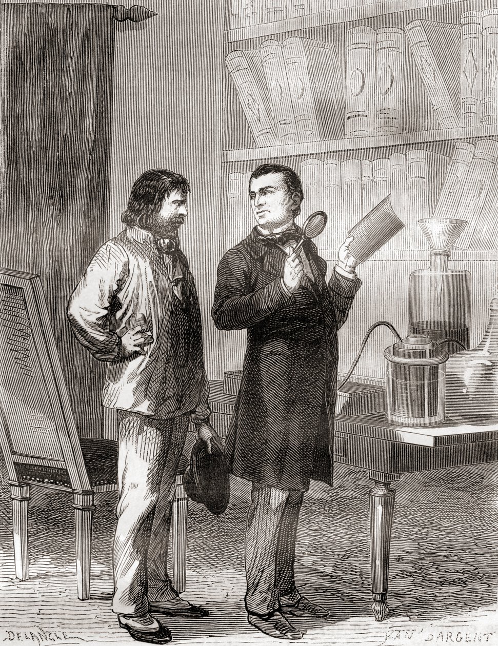 Moritz von Jacobi, a la derecha, descubriendo la galvanoplastia o electrotipia en 1838, de Les Merveilles de la Science, publicado c.1870 de French School
