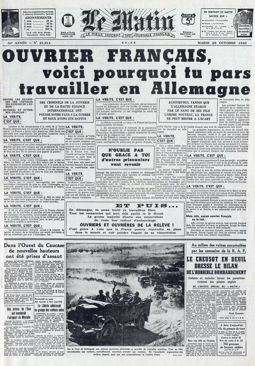 Morning Journal No. 21311 del 20 de octubre de 1942: El Sto - Servicio de Trabajo Obligatorio - Por qué ir a trabajar a Alemania de French School
