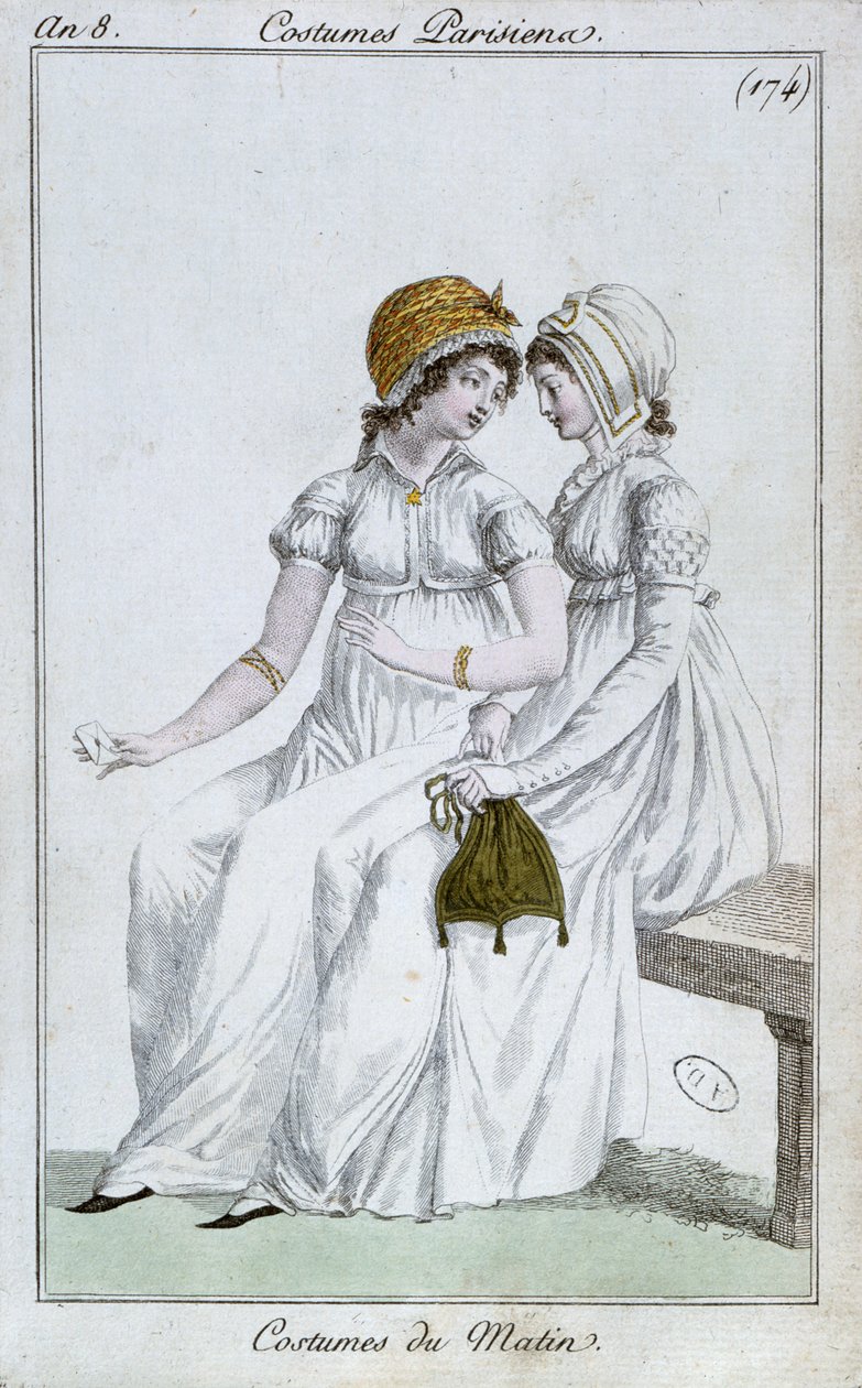 Vestido de mañana, lámina de moda de Costumes Parisiens, 1800 de French School