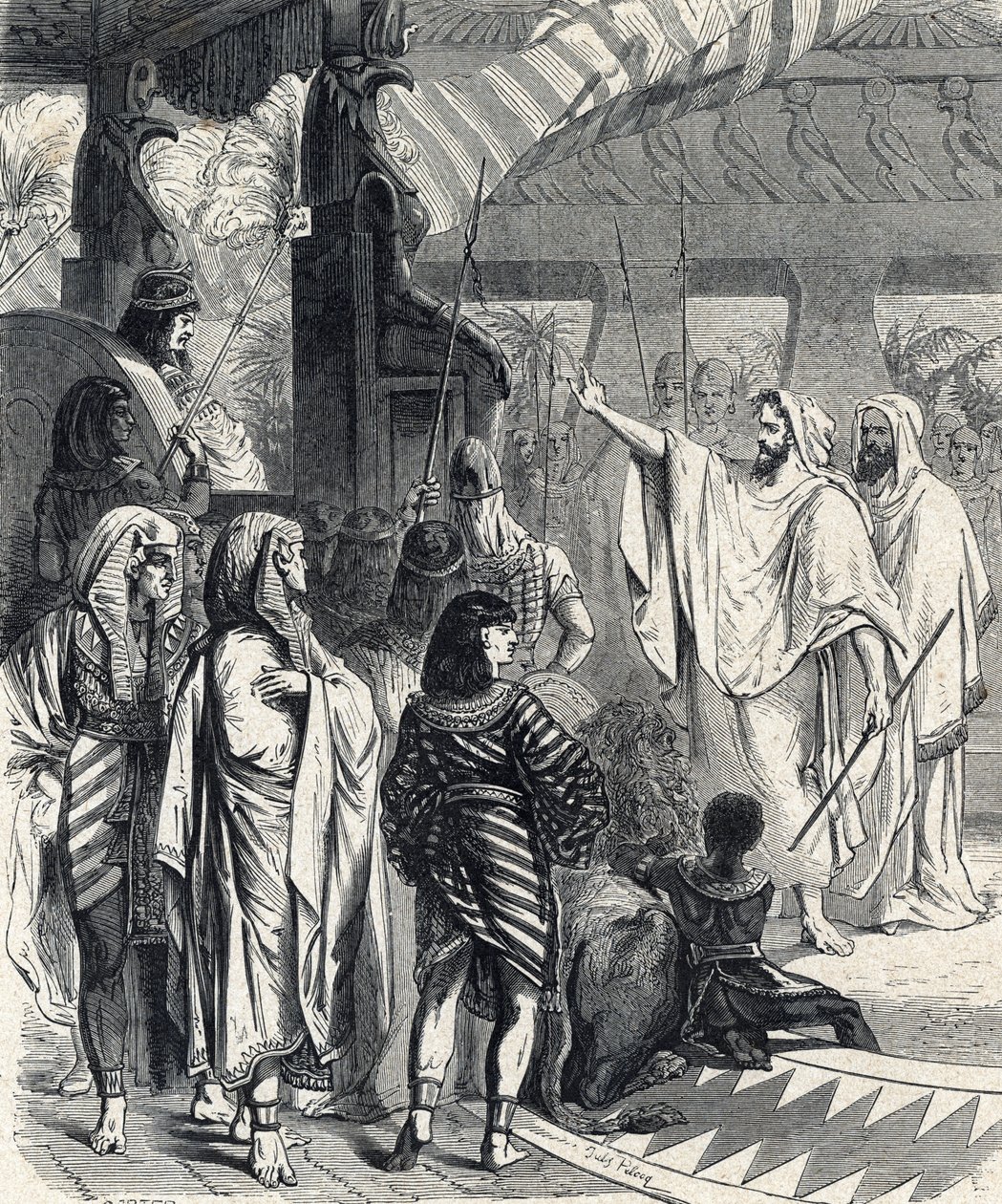 Moisés y Aarón visitando al faraón (Moses and Aaron visiting the pharaoh) Grabado de la "Historia Sagrada" de Lahure siglo XIX de French School